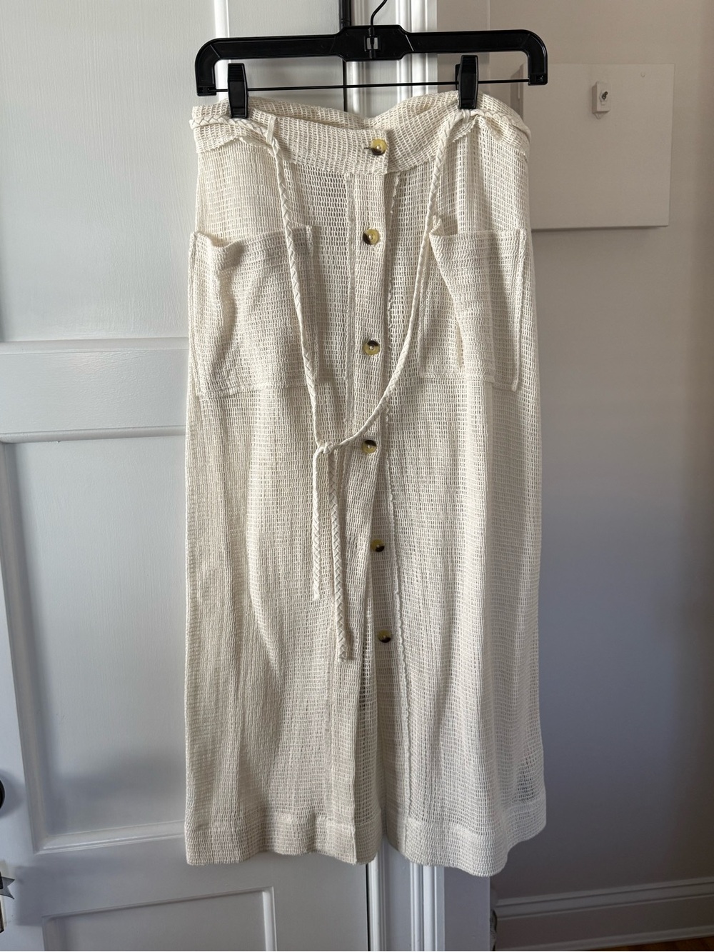 Women’s Cream Button-Front Midi Skirt with Drawstring Waist